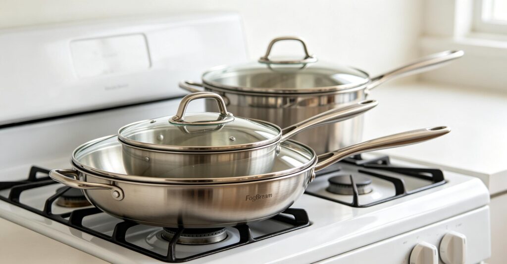 affordable stainless steel cookware & multi compartment kitchen storage organizer FogDream cookware set
