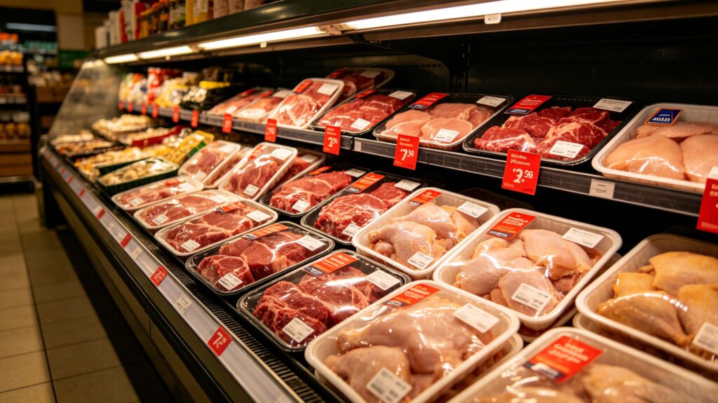 Aldi fridge fresh meat with red permanent markdown clearance stickers
