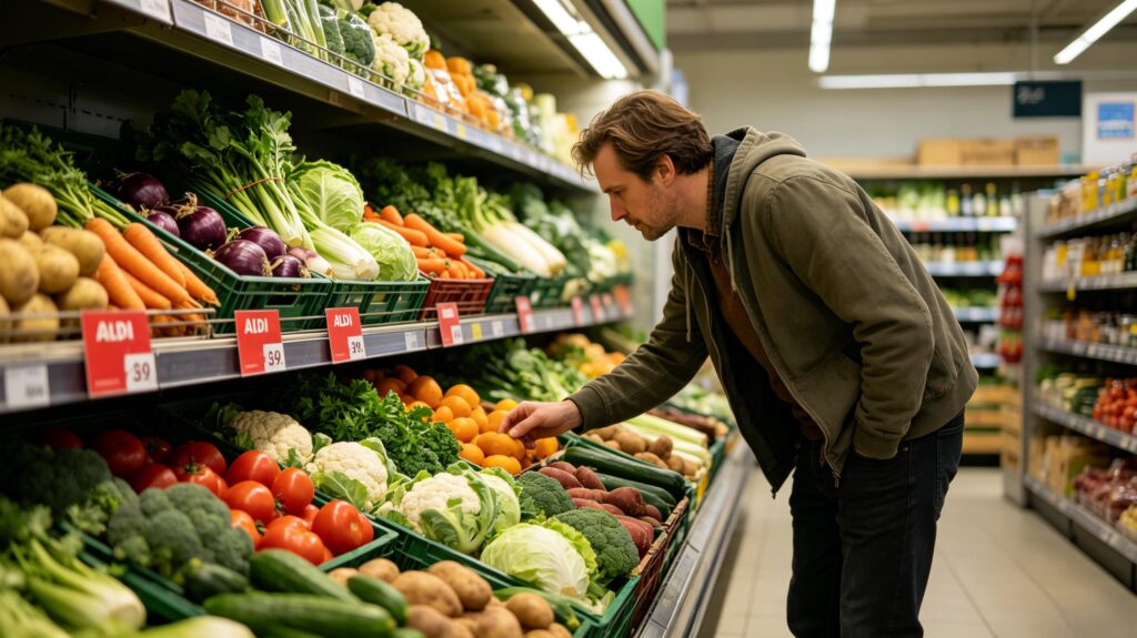 Customer reading Aldi red tag markdown prices on fresh produce aisle
