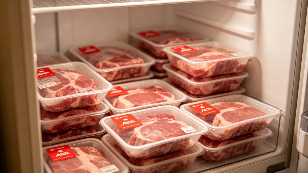 Bulk Aldi red sticker discounted meat frozen for long-term stockpile and rebate coupon stacking

