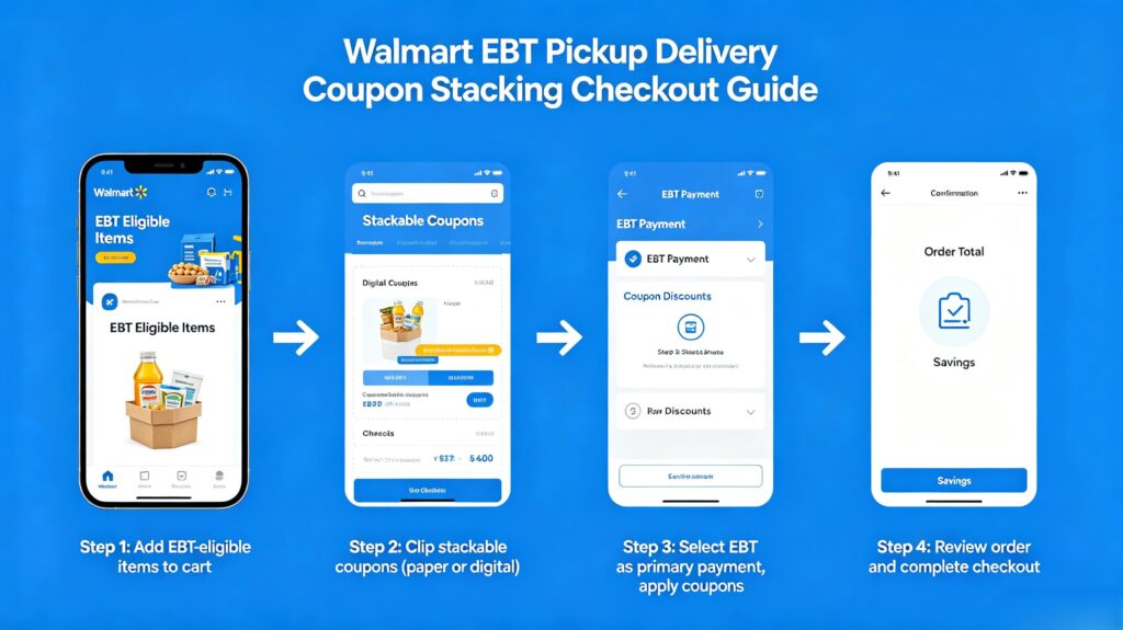 Correct checkout sequence to stack coupons with EBT payment for Walmart pickup and delivery
