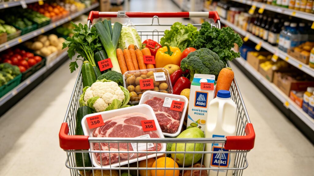 Full shopping cart of Aldi red sticker markdown groceries ready for multi-app rebate coupon submission