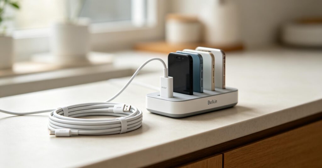 budget phone charging gear for SNAP EBT shoppers durable Anker cables Belkin charging station