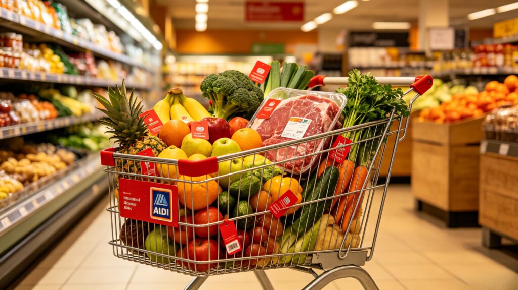 Shopping cart full of Aldi permanent markdown red sticker discounted groceries