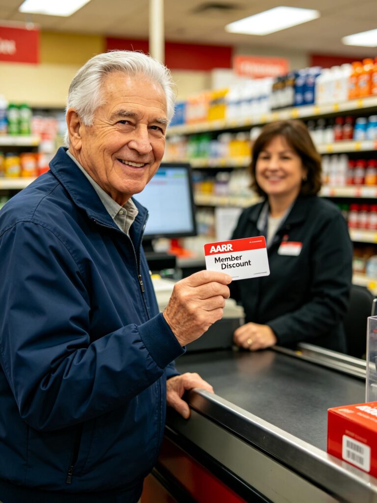 AARP member shopping with discount card at retail store
