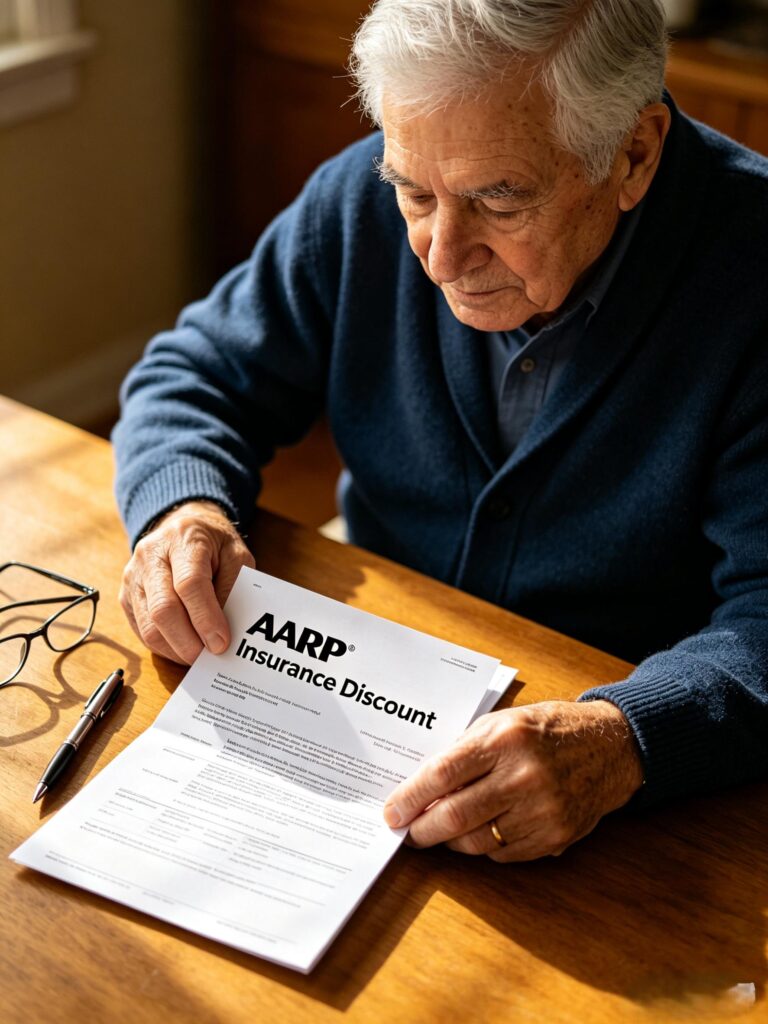 senior using AARP insurance discount document
