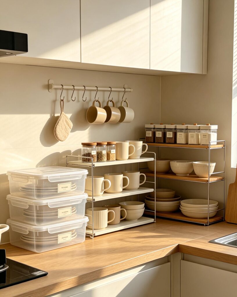 tidy kitchen counter after budget-friendly storage reorganization