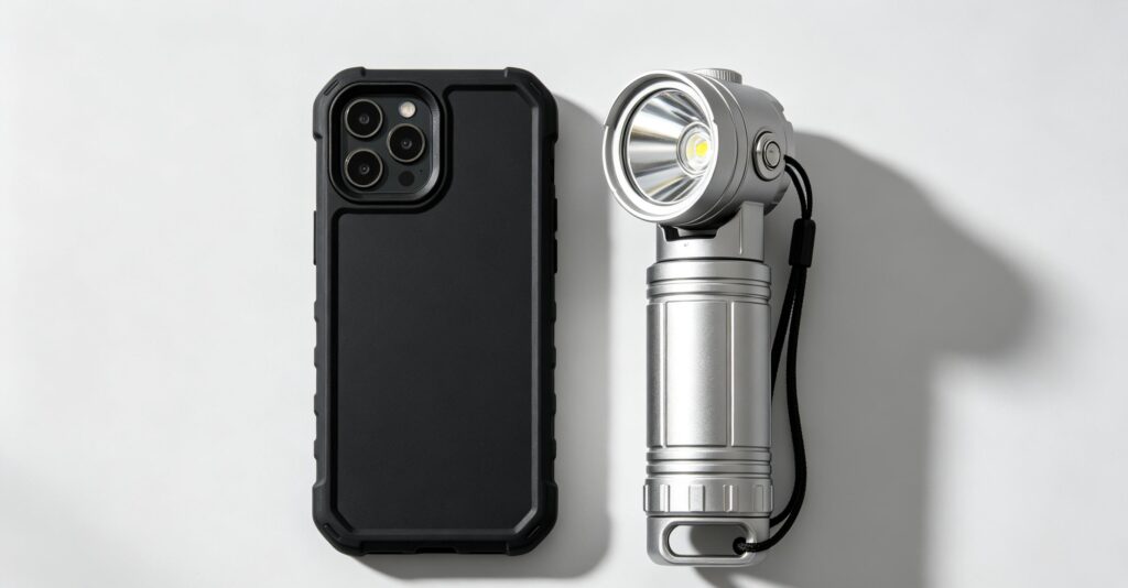 Durable affordable tech accessories for budget shoppers, sturdy phone cables and compact portable outdoor lighting laid on neutral minimalist background