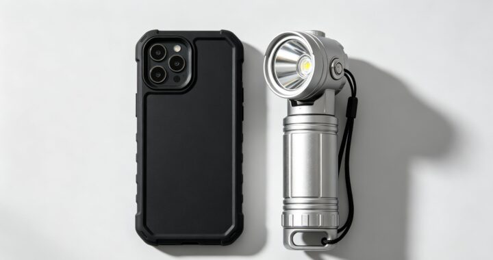 Durable affordable tech accessories for budget shoppers, sturdy phone cables and compact portable outdoor lighting laid on neutral minimalist background