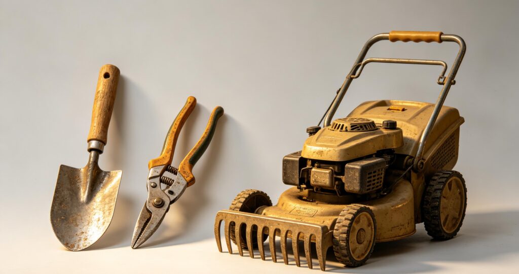 Practical affordable garden hand tools and heavy-duty backyard equipment placed on a natural outdoor background