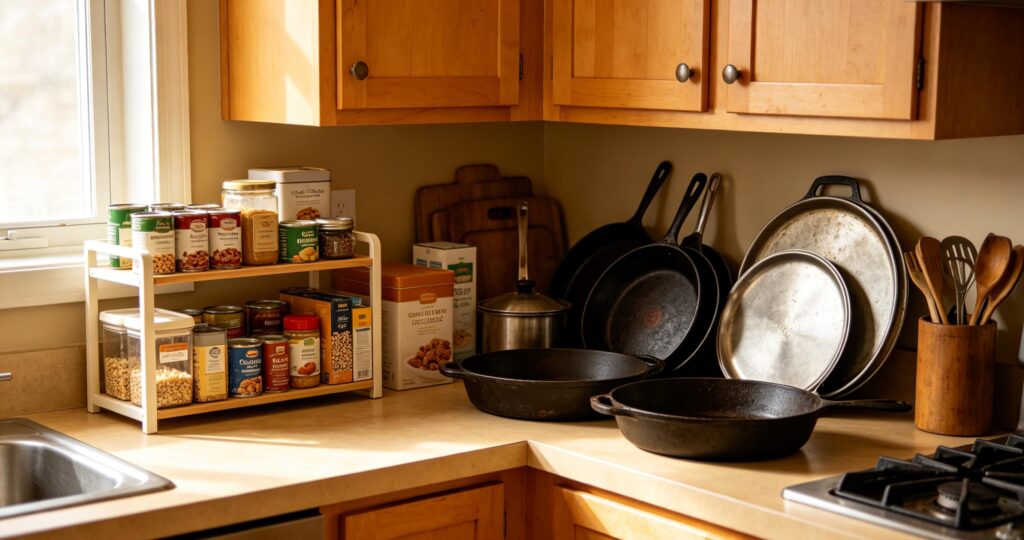 Minimalist arrangement of practical kitchen storage organizers and sturdy cookware on bright neutral kitchen countertop