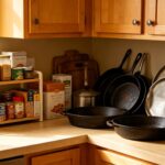 Minimalist arrangement of practical kitchen storage organizers and sturdy cookware on bright neutral kitchen countertop