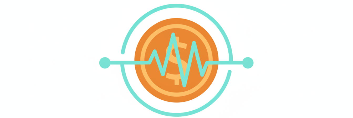 Frugal Pulse brand icon, minimalist coin heartbeat pulse logo for personal finance money saving blog, orange coin with cyan waveform circle