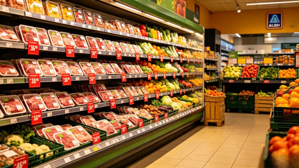 Description：Aldi red sticker permanent markdown discount grocery saving tips without SNAP EBT fresh meat produce clearance tags