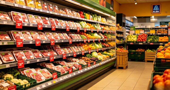 Description：Aldi red sticker permanent markdown discount grocery saving tips without SNAP EBT fresh meat produce clearance tags