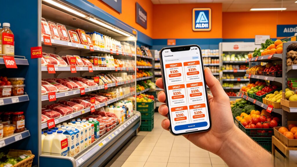 7 Rebate Coupon Stack Hacks To Maximize Aldi Red Sticker Permanent Discounts Up To 75% Off – Aldi refrigerated goods with red clearance tags and rebate app mobile display