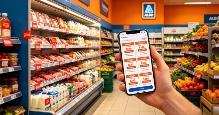 7 Rebate Coupon Stack Hacks To Maximize Aldi Red Sticker Permanent Discounts Up To 75% Off – Aldi refrigerated goods with red clearance tags and rebate app mobile display