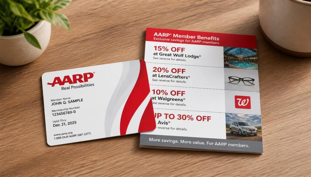 AARP membership card with discount coupons on a clean wooden table, soft natural light