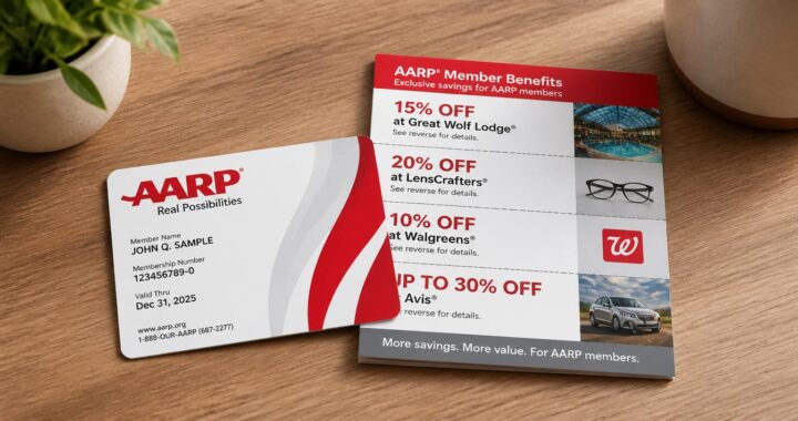 AARP membership card with discount coupons on a clean wooden table, soft natural light